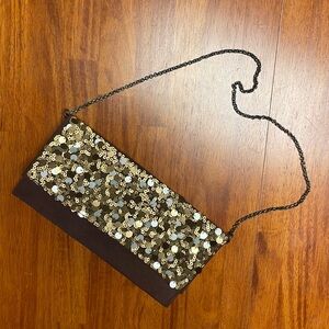 Brown Purse with Silver & Gold Sequins and Metal Chain